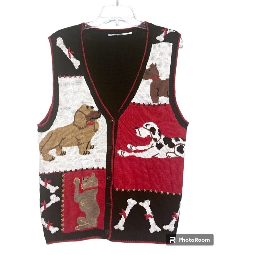 Vintage Sweater Vest L Cardigan Animals Dogs Dachsund Dalmation Scottie Mastiff - Picture 2 of 7